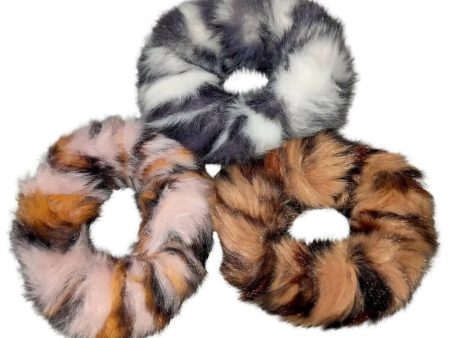 SENECIO Tiger Striped Print Soft Faux Fur Scrunchies Multicolor Hair Tie Ponytail Holder Rubber Band (3pc) on Sale