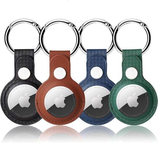 AMiRiTE ADS34 Premium Faux Leather Key Ring Holder Case Cover Compatible with Apple Airtag [ Pack of 4 ] [ Airtag Not Included ] (Black Brown Blue Green) For Sale