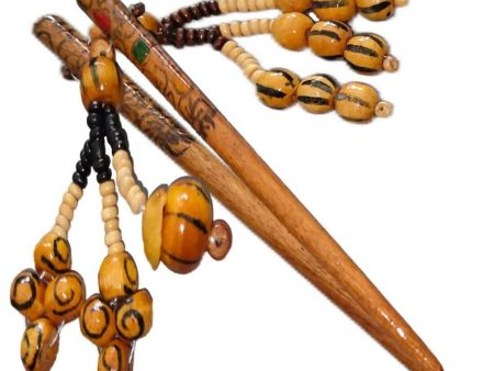 SENECIO Ethnic Print With Beaded Tassel Wooden Handmade Retro Hair Stick For Juda & Bun Pin (2Pc Set) Supply