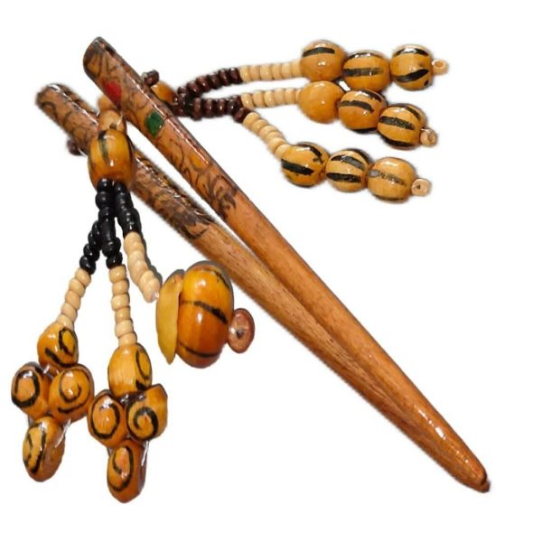 SENECIO Ethnic Print With Beaded Tassel Wooden Handmade Retro Hair Stick For Juda & Bun Pin (2Pc Set) Supply