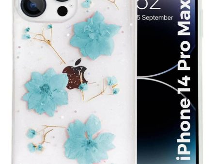 SQUIF Soft Back Case for iPhone 14 Pro Max Cover for Girls with Clear Silicone Pressed Real Dry Flowers Clear Glitter (Blue) Hot on Sale