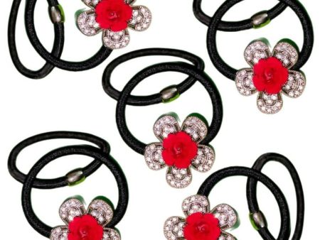 SENECIO 10 Pcs Super Lovely Red Rose Beaded Black Rubber Band Ponytail Holder Hair Scrunchies Hair Tie Hot on Sale