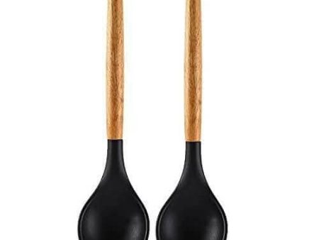 P-Plus International Wooden Handles BPA Free Non Toxic Silicone Turner Spatula Spoon (Black – Pack of 2) For Cheap