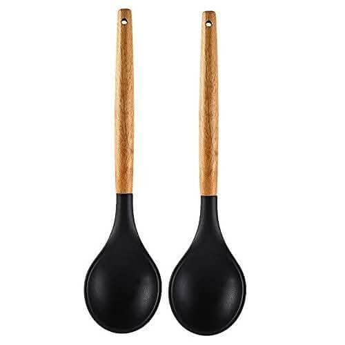 P-Plus International Wooden Handles BPA Free Non Toxic Silicone Turner Spatula Spoon (Black – Pack of 2) For Cheap